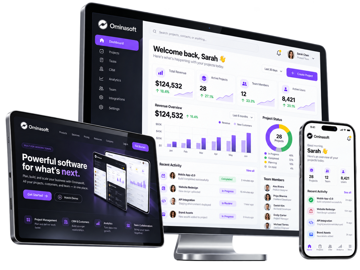 Ominasoft CRM, SaaS dashboard and mobile app interfaces shown on devices