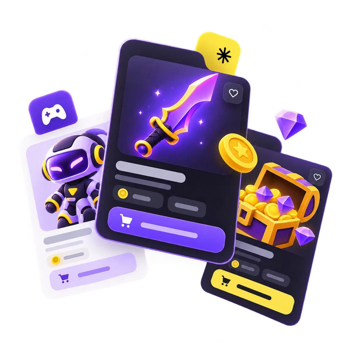 Gaming and digital goods marketplace concept cards